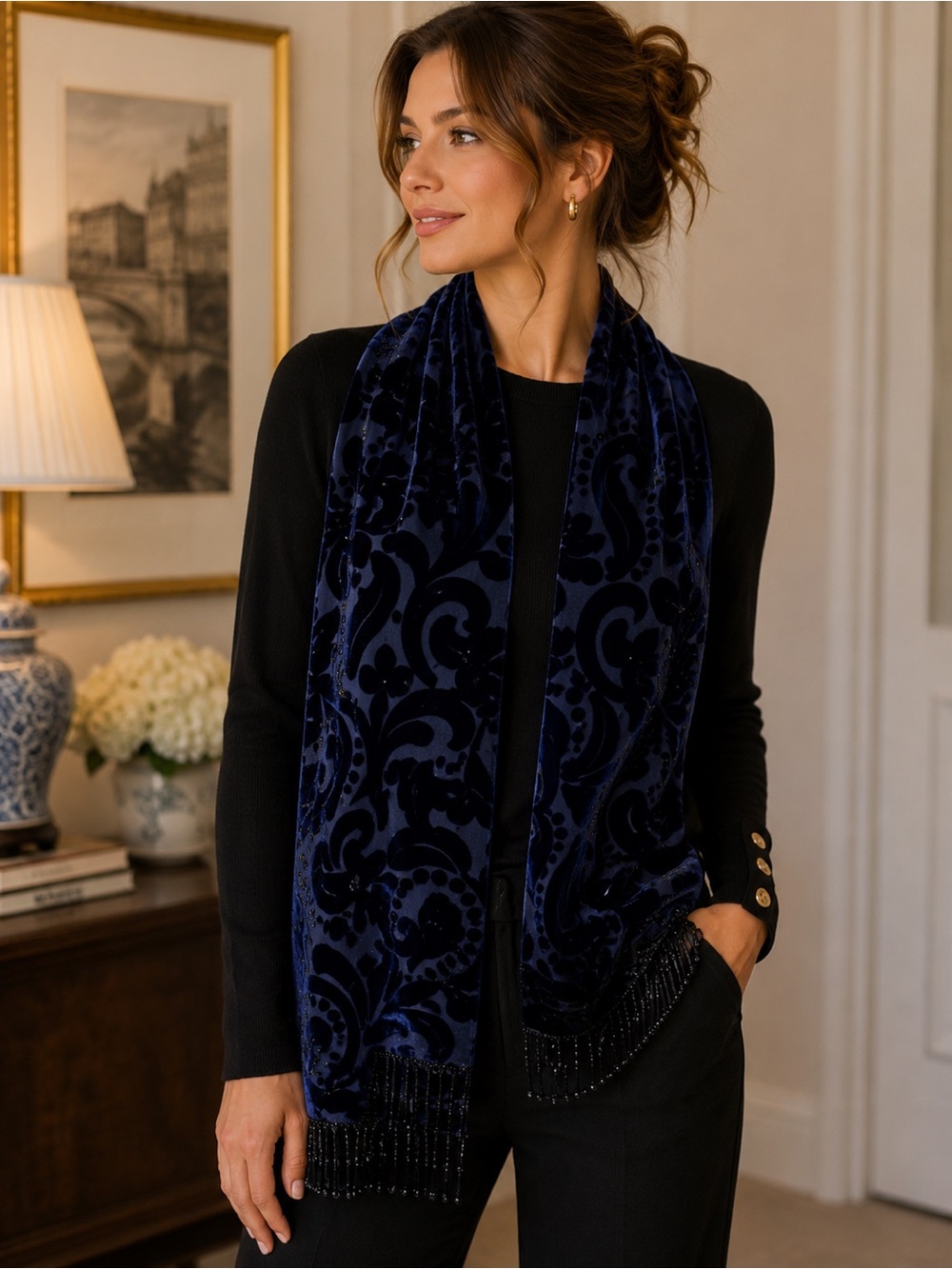 Midnight Blue Black Velvet Burnout Beaded Fringe Scarf Wrap Shawl
